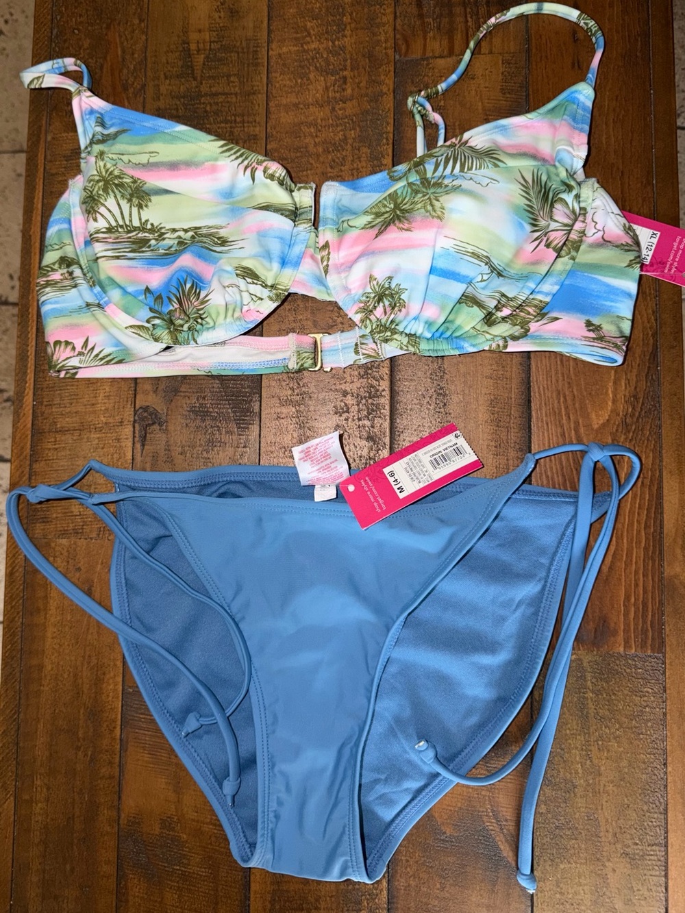 Target Pastel Tropical Underwire Bikini Top with Blue Tie-Side Bottoms